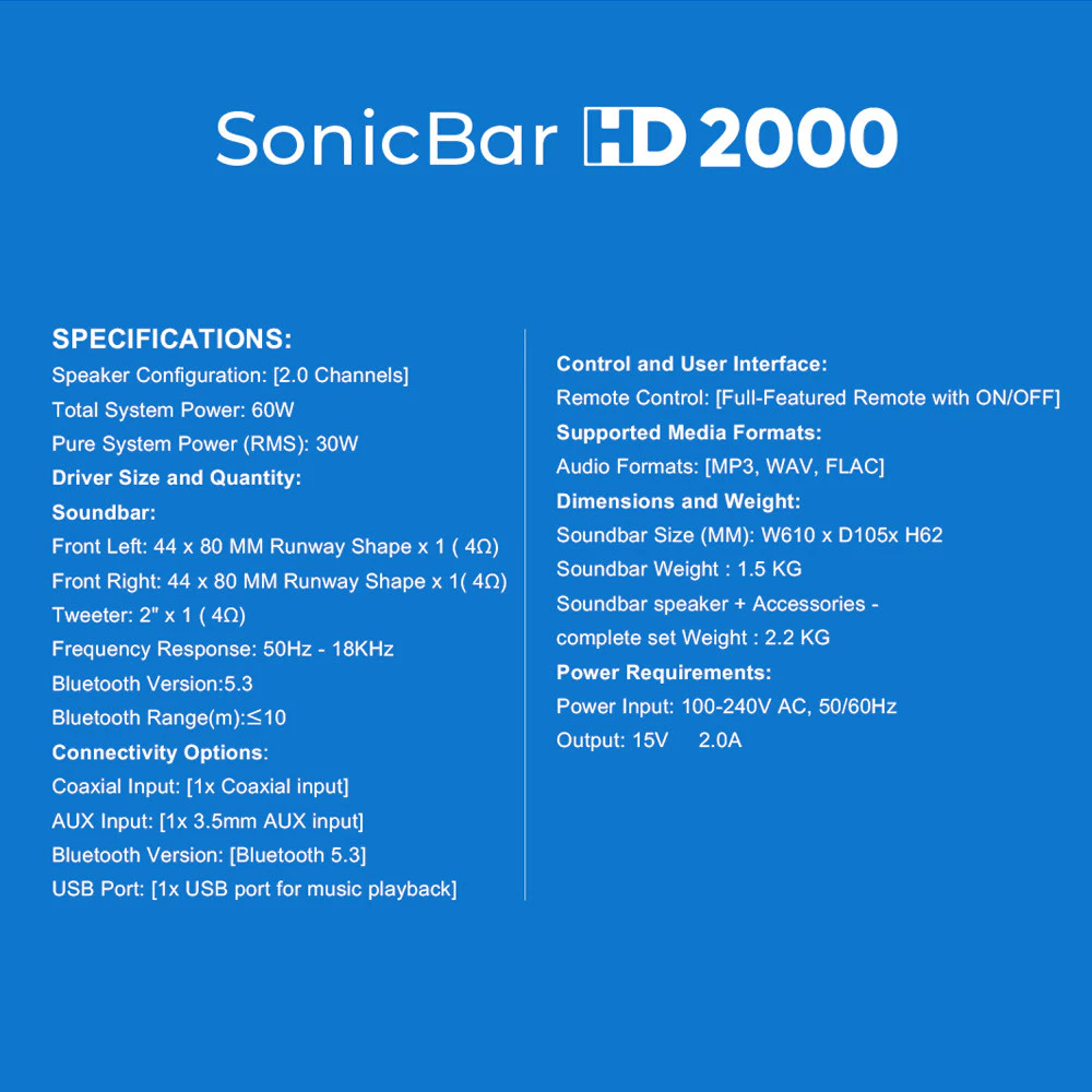SonicGear SonicBar HD 2000 TV PC Bluetooth 5.3 SoundBar 2.0 Channel Speaker - Image 8
